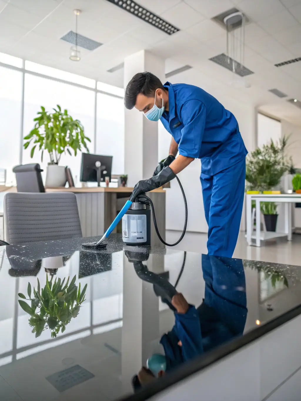 A Cleanlab technician in full protective gear disinfecting an office space with a specialized sprayer, emphasizing the thoroughness of the disinfection services.