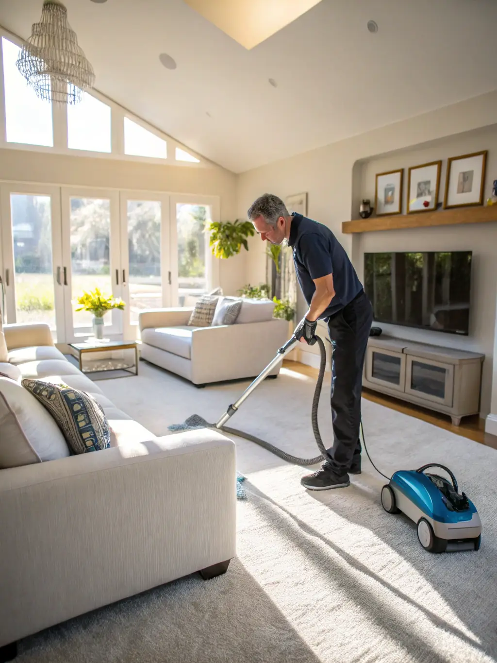 A brightly lit living room, freshly cleaned after a renovation, with sunlight streaming through the windows, showcasing the attention to detail in Cleanlab's post-renovation cleaning service.
