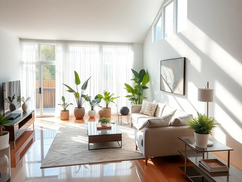 A brightly lit, recently renovated living room with sparkling clean windows and surfaces, showcasing the effectiveness of post-renovation cleaning.