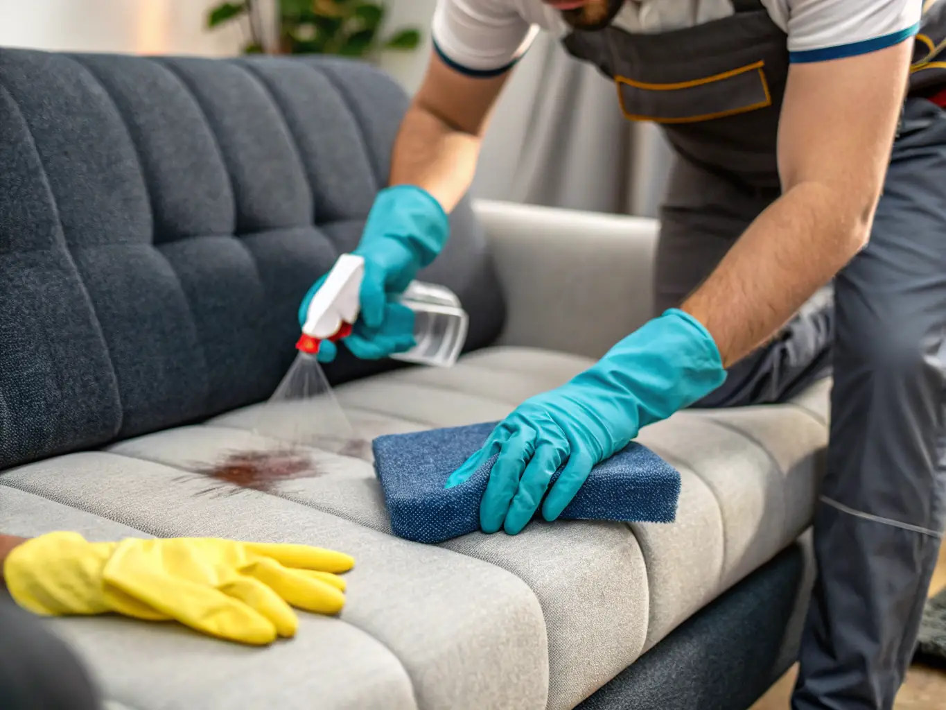 A close-up shot of a professional cleaning upholstery with specialized equipment, highlighting the deep cleaning process and stain removal.