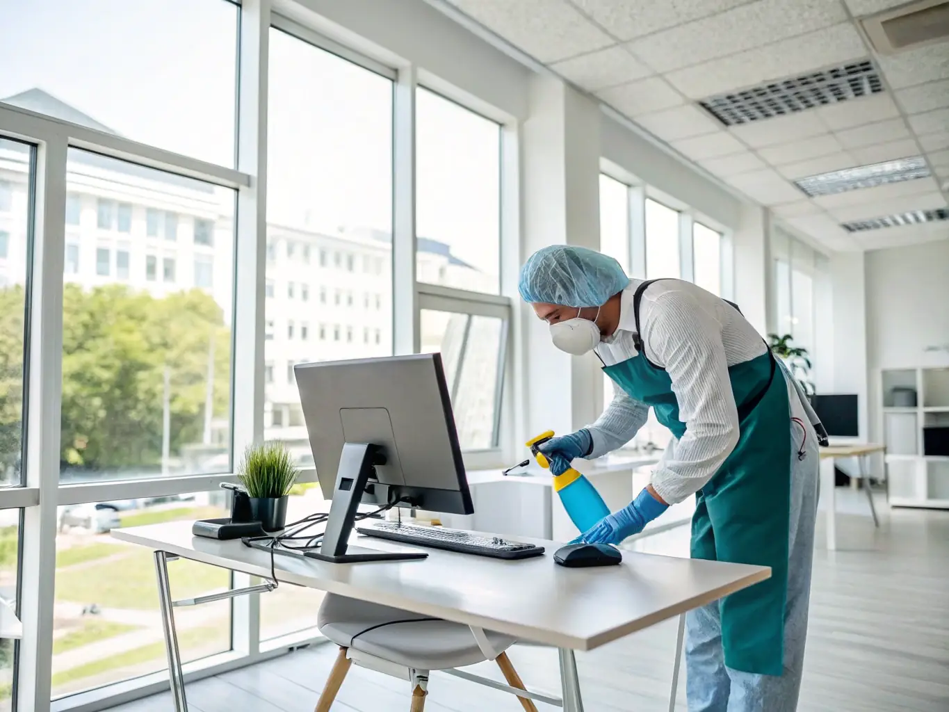 A clean and sanitized office space with visible signs of disinfection, such as a cleaning professional wiping down surfaces with disinfectant.